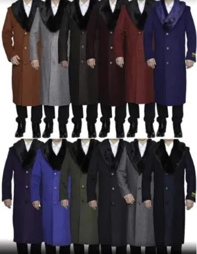 Mens Black Overcoat - 3 Button Single Breasted Fur Collar Full Length Overcoat