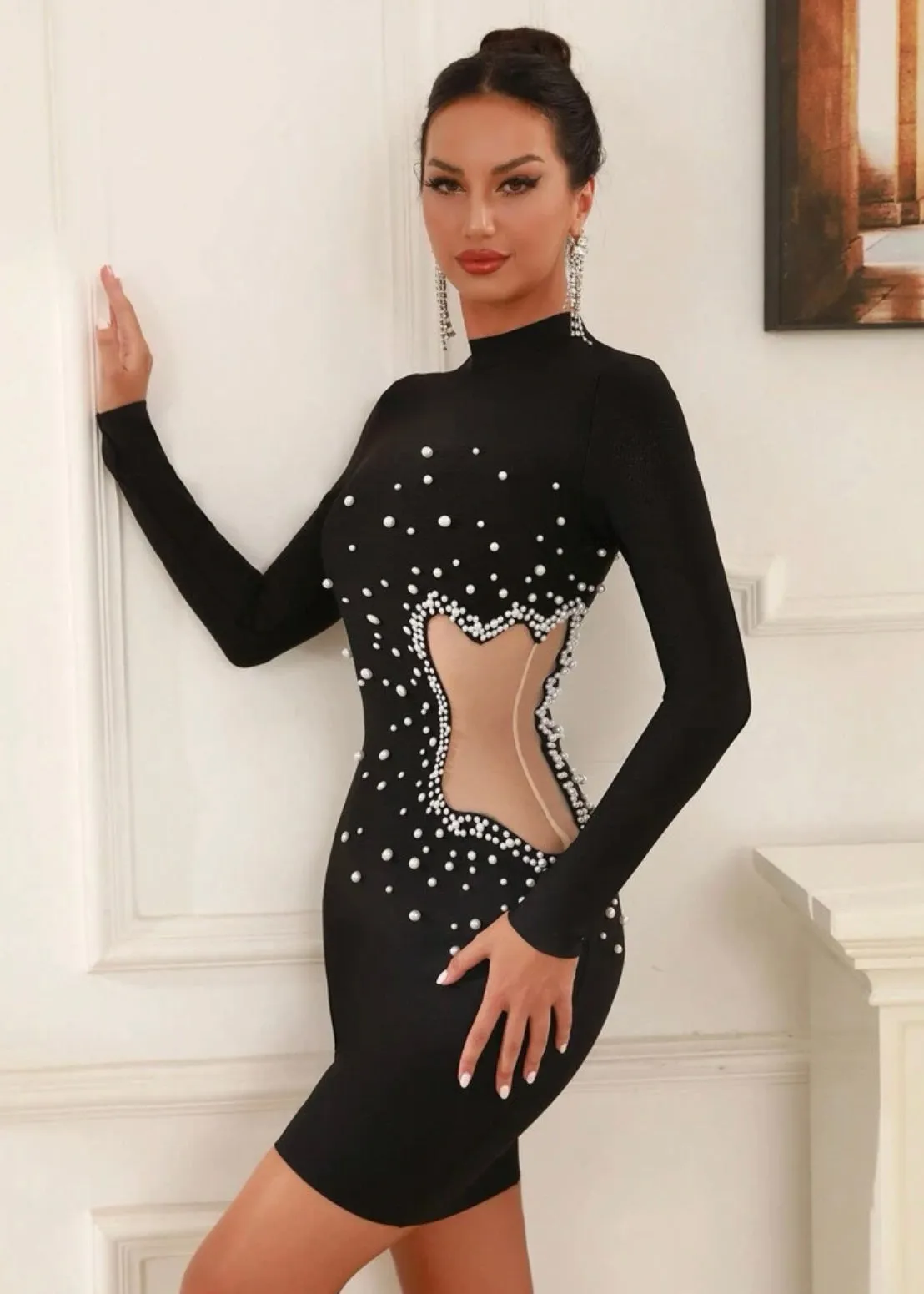 Mesh Patchwork Beaded Stand Collar Bodycon Dress