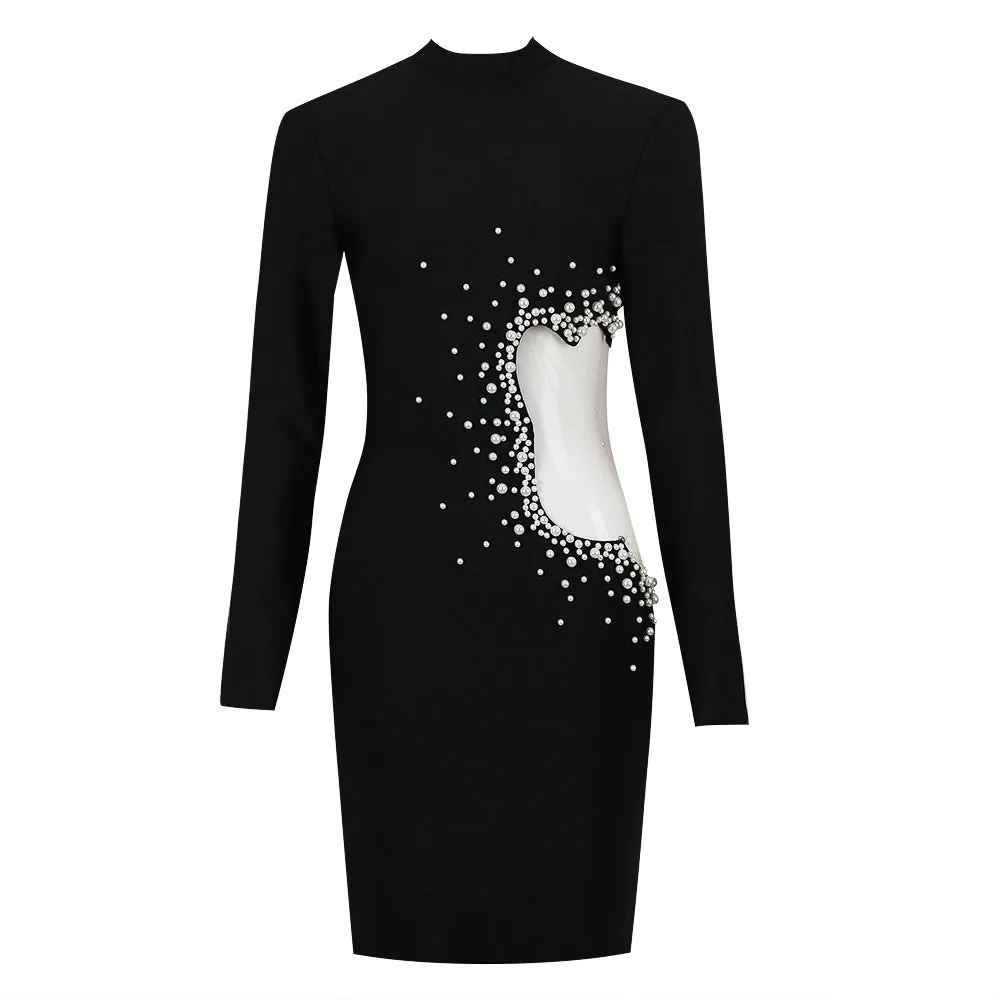 Mesh Patchwork Beaded Stand Collar Bodycon Dress
