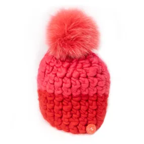 Mischa Lampert Pink, Red and Coral Stripe Beanie with Coral Pom
