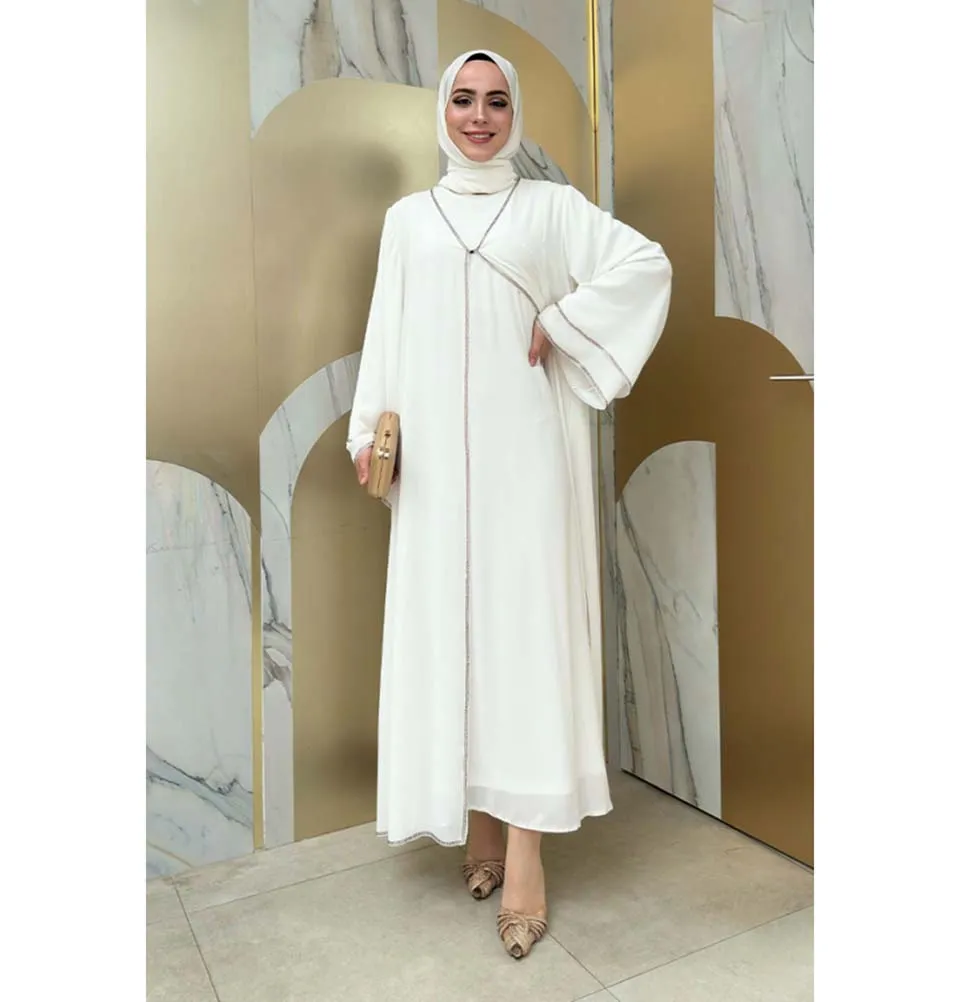 Modest Muslim Woman's Layered Sleeves Two Piece Abaya - 3873 White