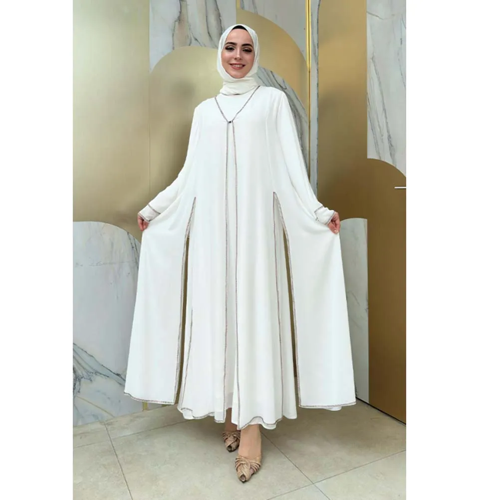 Modest Muslim Woman's Layered Sleeves Two Piece Abaya - 3873 White