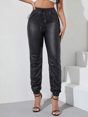 New Mexx Women's Hi Rise Faux Leather Joggers, Black, sz S!