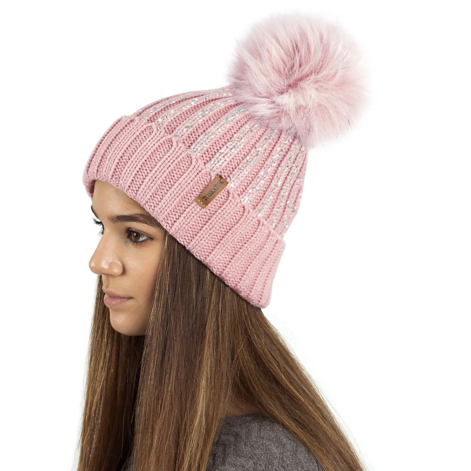Ribbed Knit Winter Beanie Bobble Hat with Stylish Metallic Foil Print