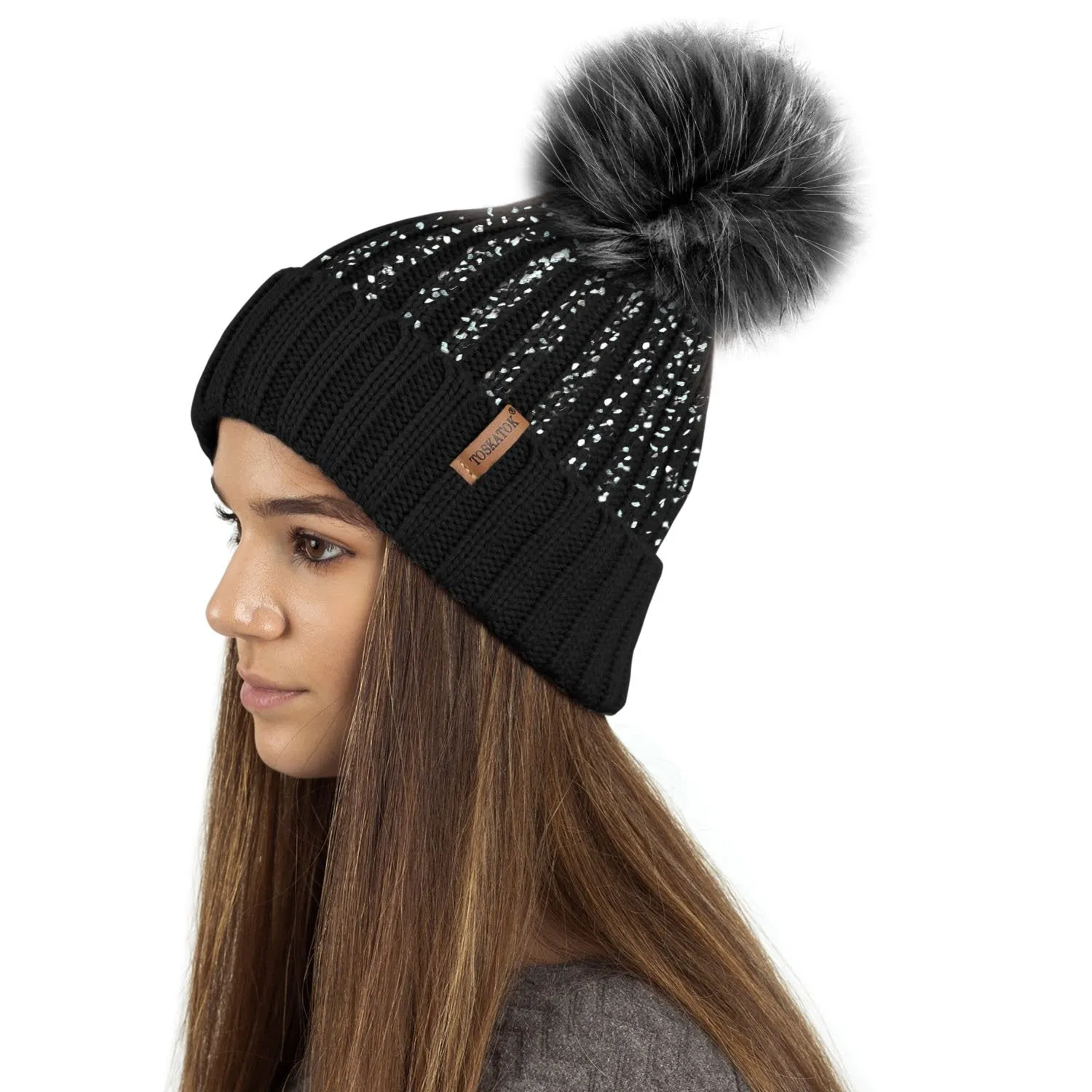 Ribbed Knit Winter Beanie Bobble Hat with Stylish Metallic Foil Print