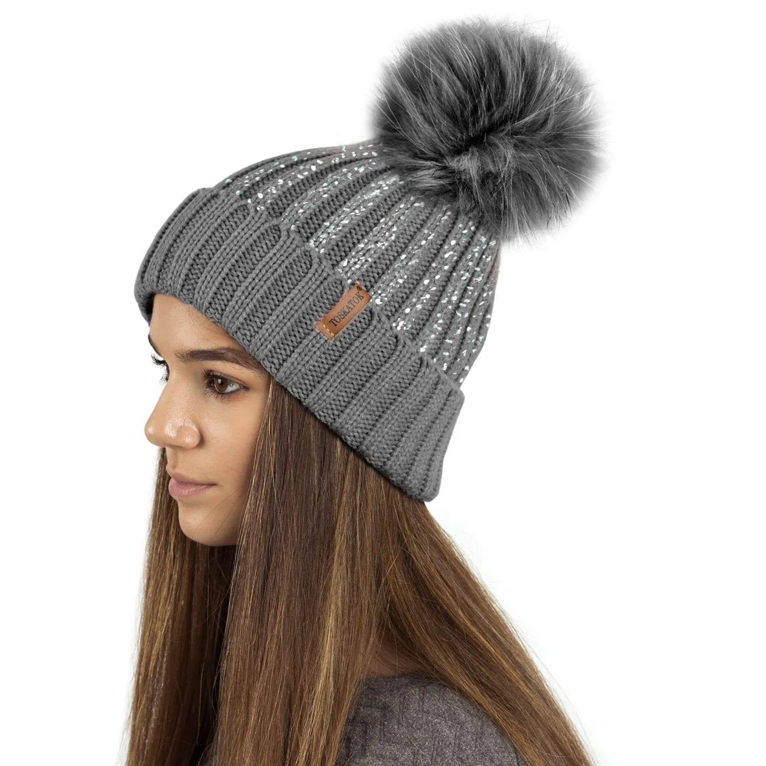 Ribbed Knit Winter Beanie Bobble Hat with Stylish Metallic Foil Print
