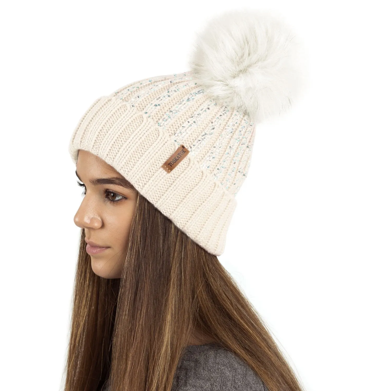 Ribbed Knit Winter Beanie Bobble Hat with Stylish Metallic Foil Print