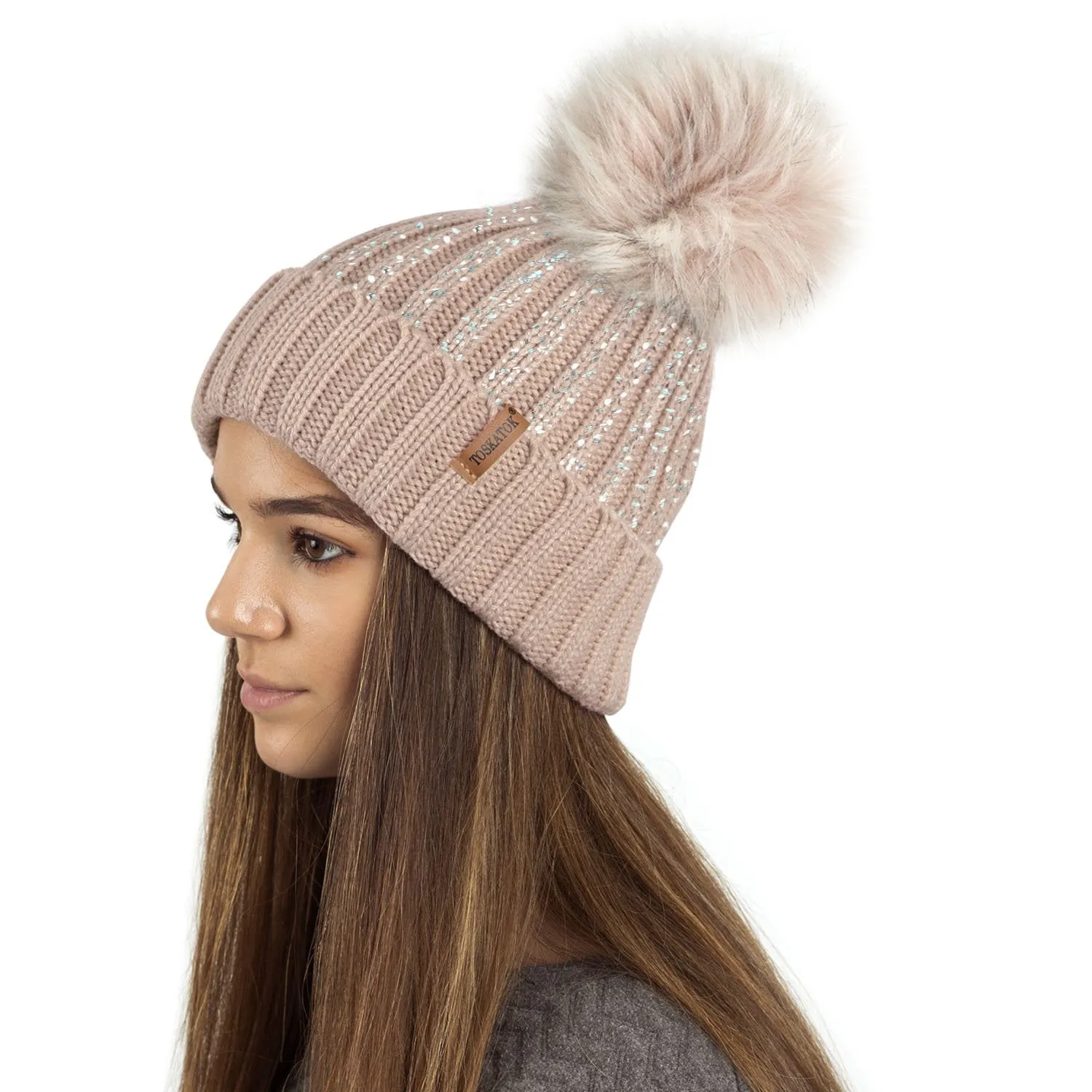 Ribbed Knit Winter Beanie Bobble Hat with Stylish Metallic Foil Print