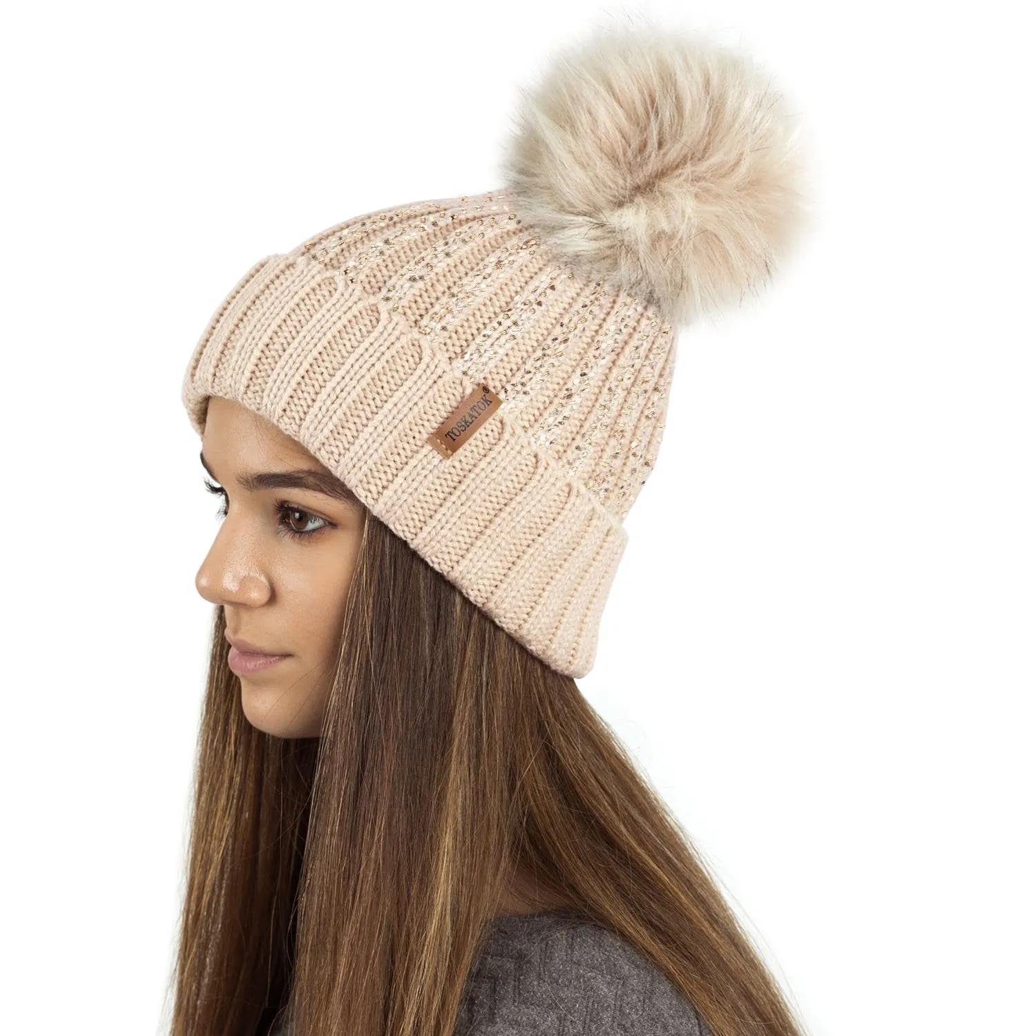 Ribbed Knit Winter Beanie Bobble Hat with Stylish Metallic Foil Print