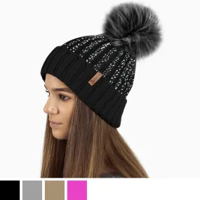 Ribbed Knit Winter Beanie Bobble Hat with Stylish Metallic Foil Print