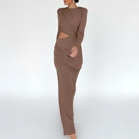Sexy Brown Long Sleeve Cutout Pleated Party Dress