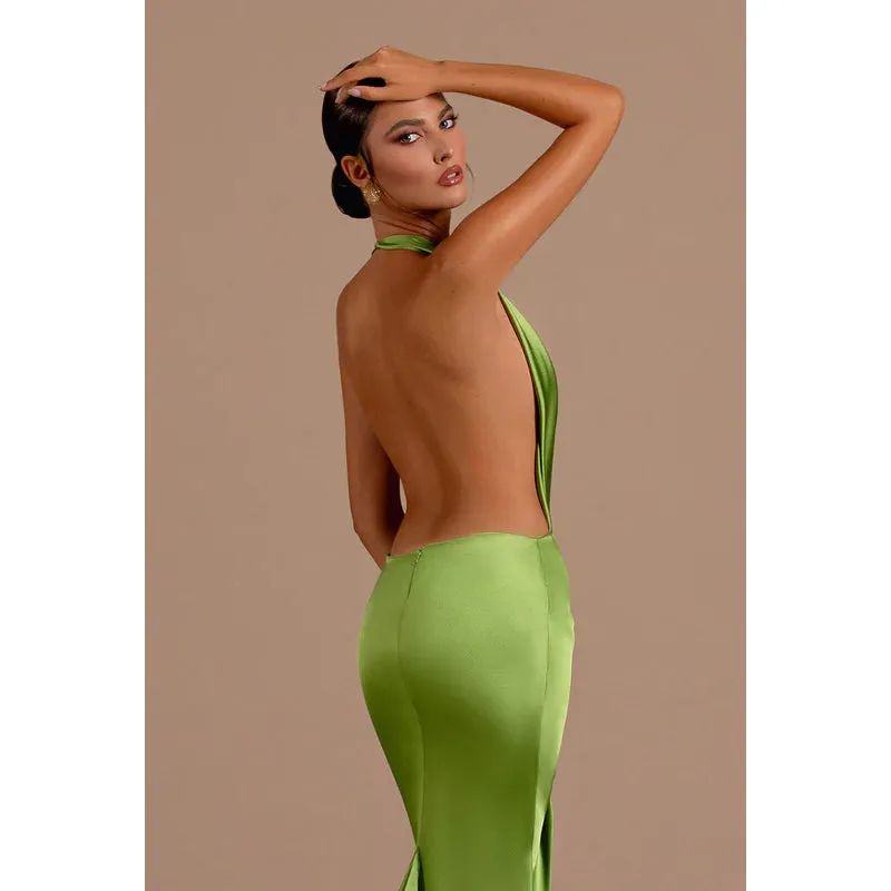 Sexy Halter Low V Neck Ruched Satin Mermaid Long Evening Dress