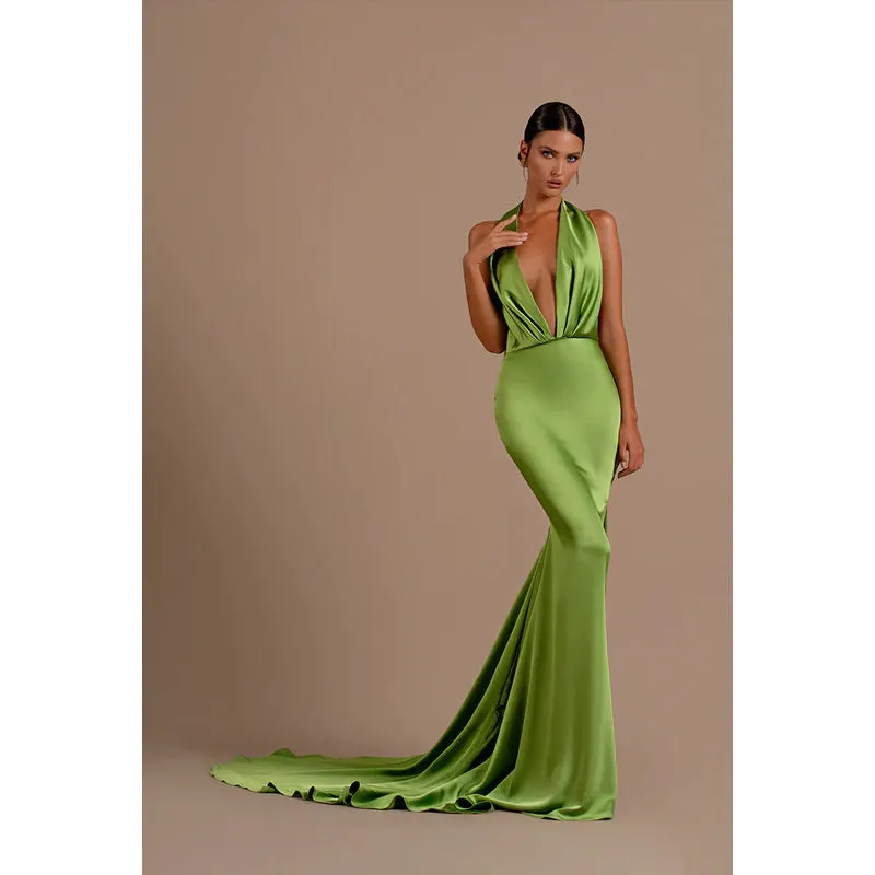 Sexy Halter Low V Neck Ruched Satin Mermaid Long Evening Dress