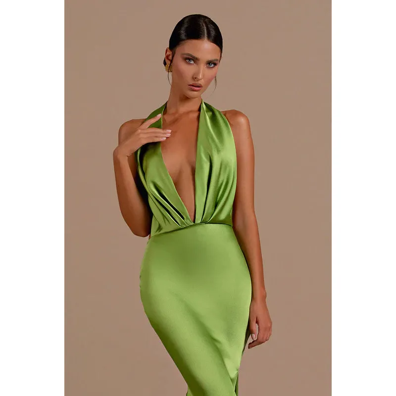 Sexy Halter Low V Neck Ruched Satin Mermaid Long Evening Dress