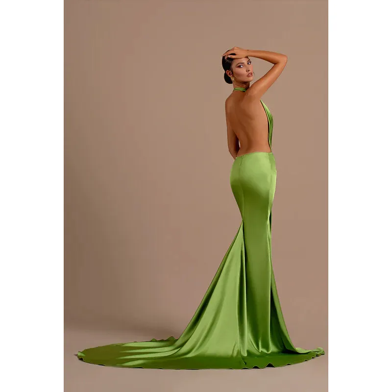 Sexy Halter Low V Neck Ruched Satin Mermaid Long Evening Dress