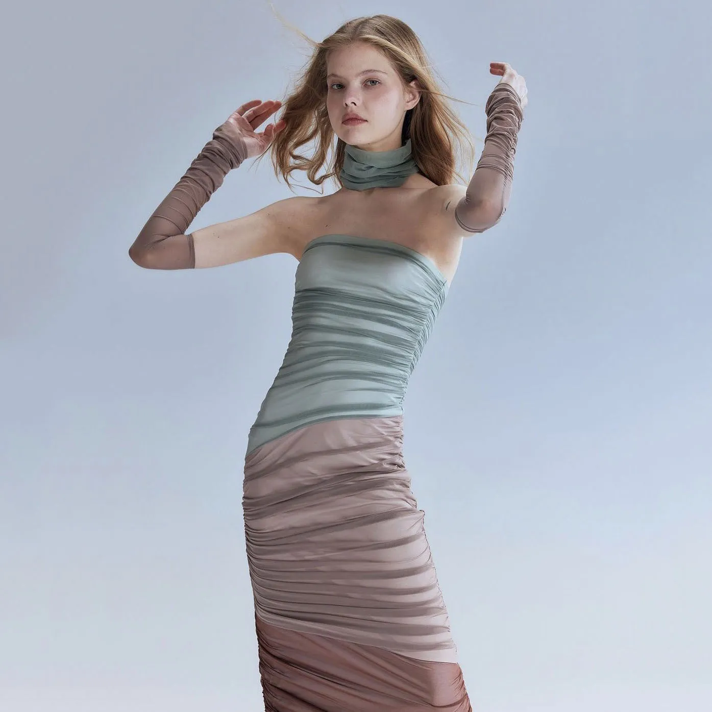 Sexy See through Thin Strapless Pleated Contrast Color Dress