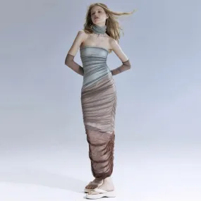 Sexy See through Thin Strapless Pleated Contrast Color Dress