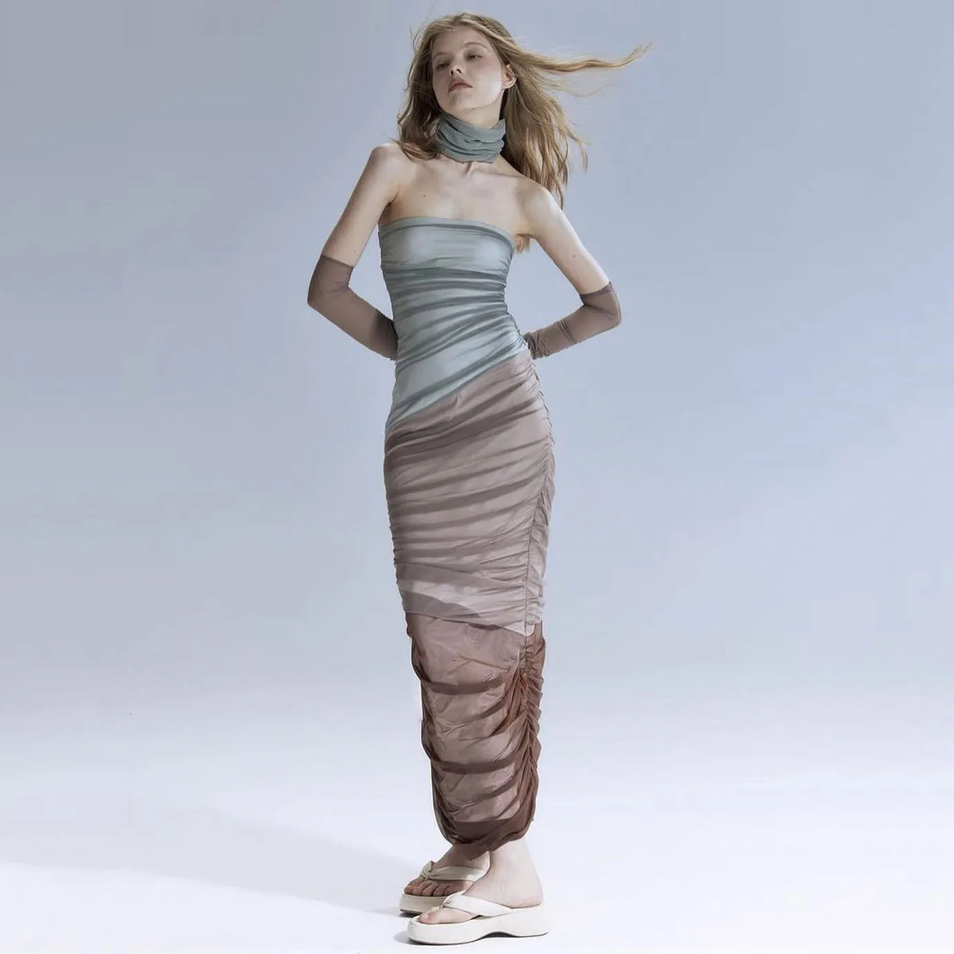 Sexy See through Thin Strapless Pleated Contrast Color Dress