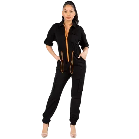 Short Sleeve Cargo Jumpsuit with Orange Zipper