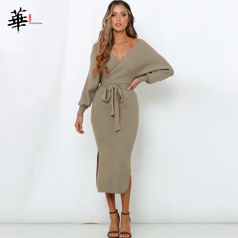 Sweater Dress Long Sleeve Winter Bandage Bodycon V-Neck
