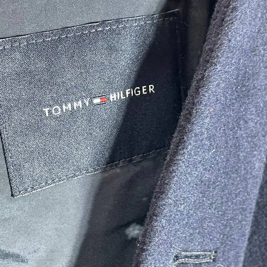 TOMMY HILFIGER Men's Navy Solid Addison Wool-Blend Trim-Fit Overcoat SZ 46R