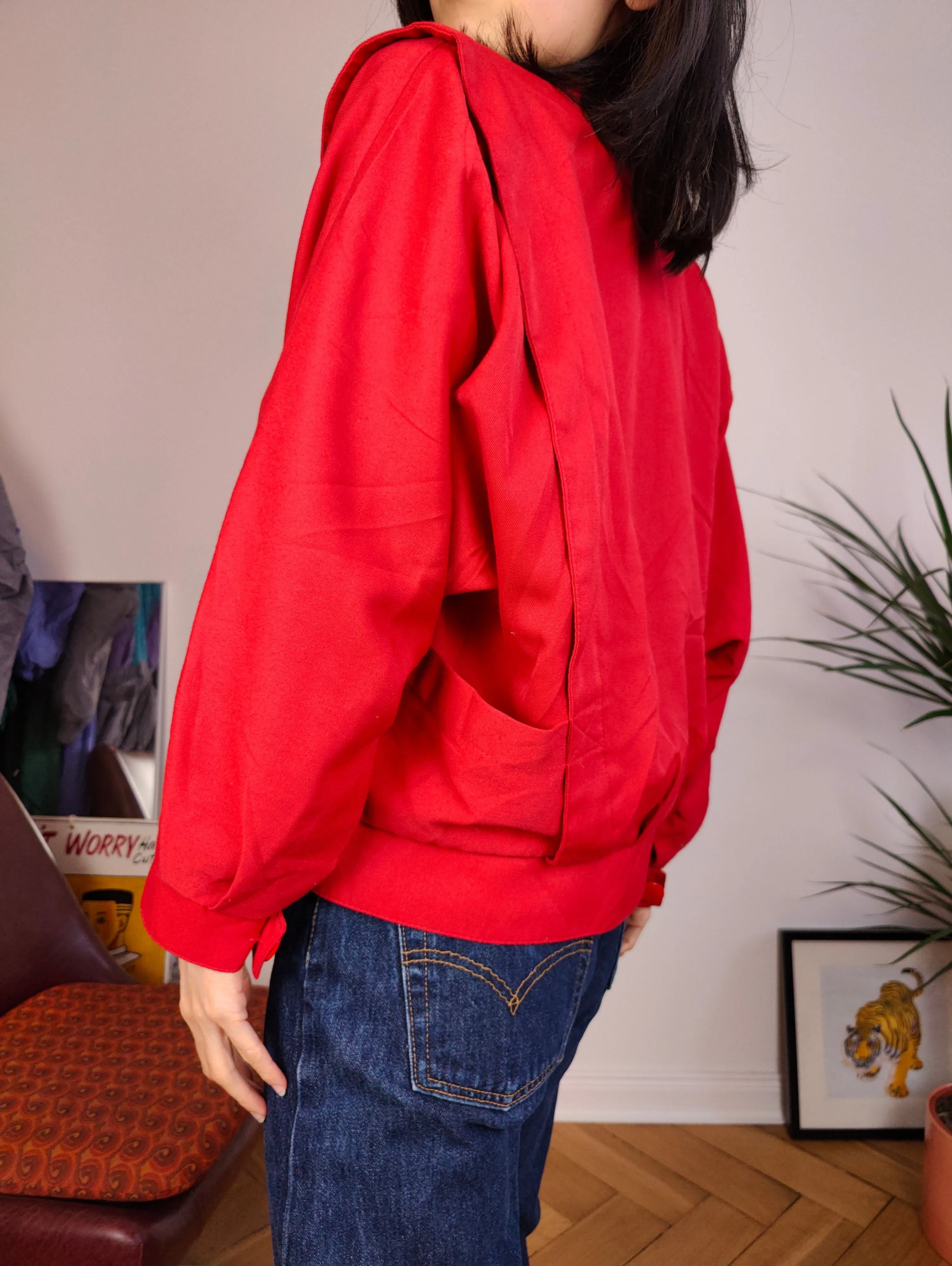 Vintage viscose short jacket red plain crop bomber blazer women M