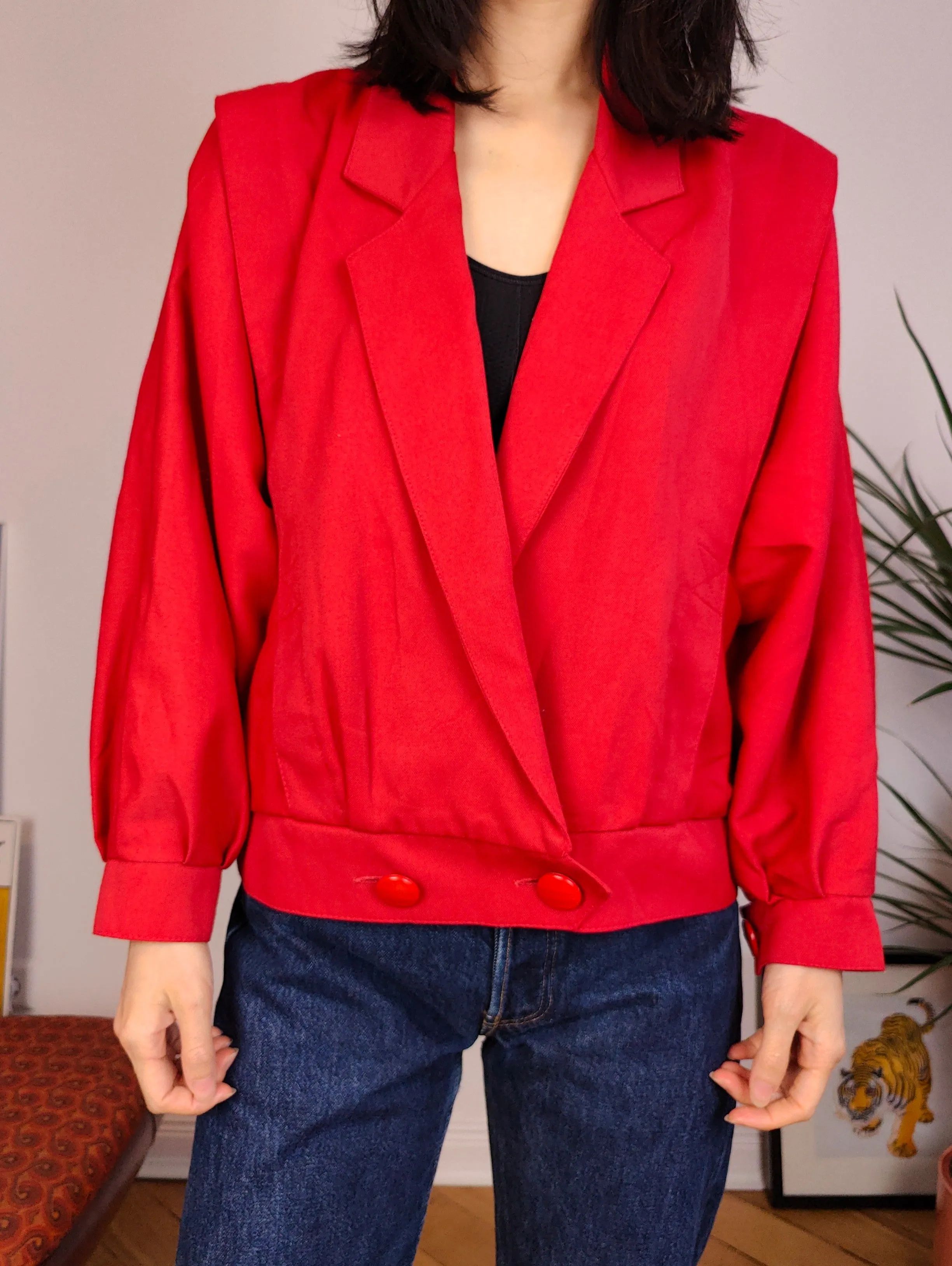 Vintage viscose short jacket red plain crop bomber blazer women M