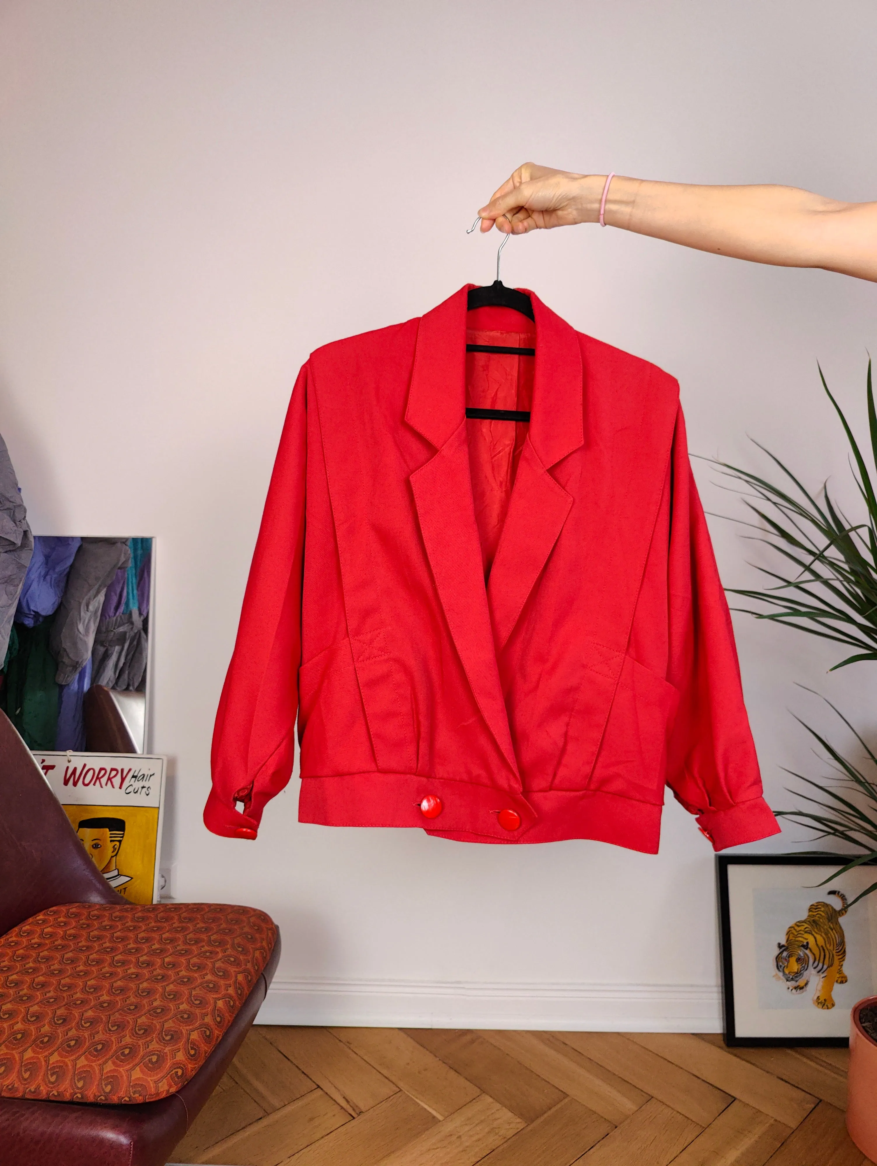 Vintage viscose short jacket red plain crop bomber blazer women M