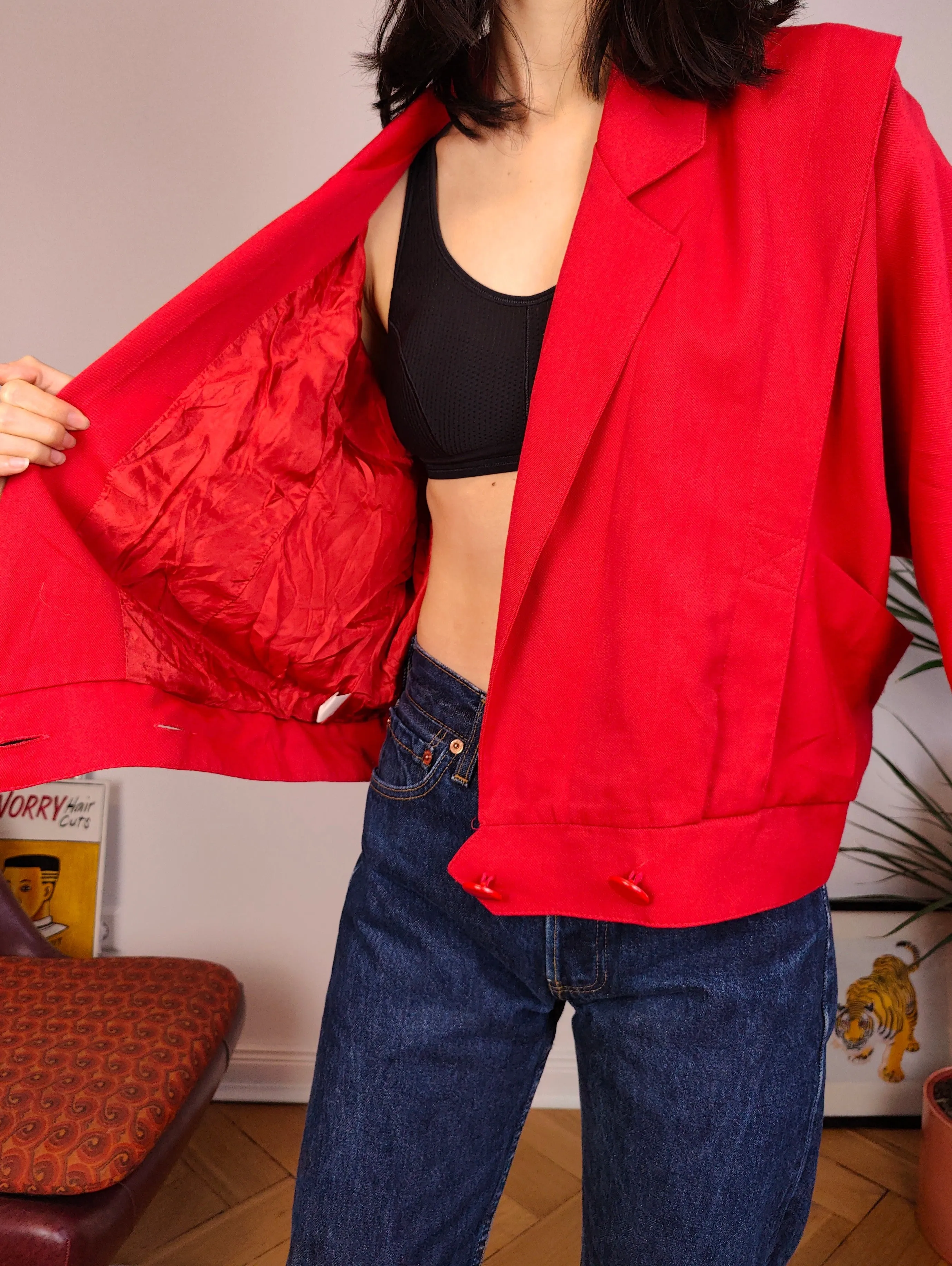 Vintage viscose short jacket red plain crop bomber blazer women M