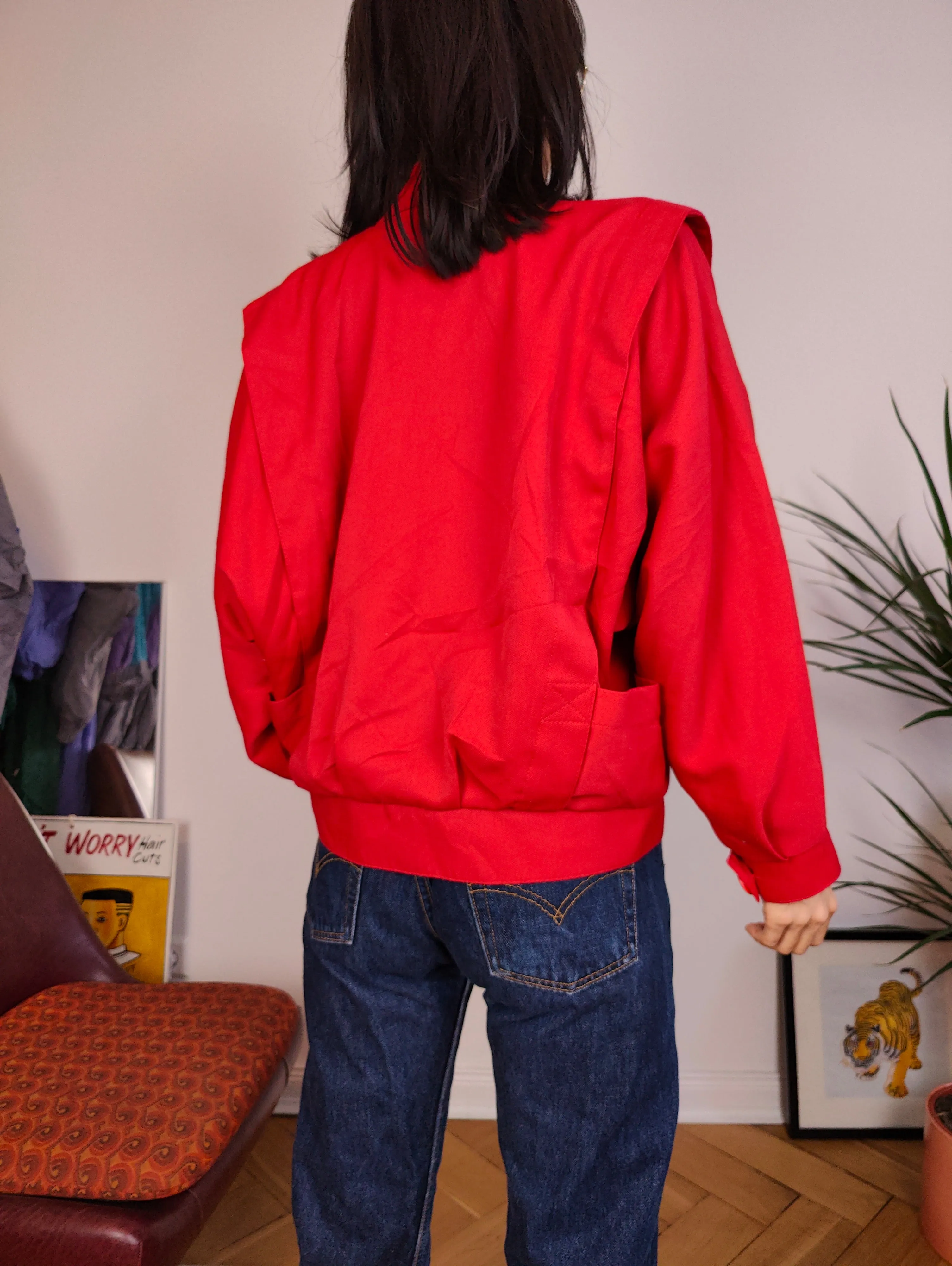Vintage viscose short jacket red plain crop bomber blazer women M