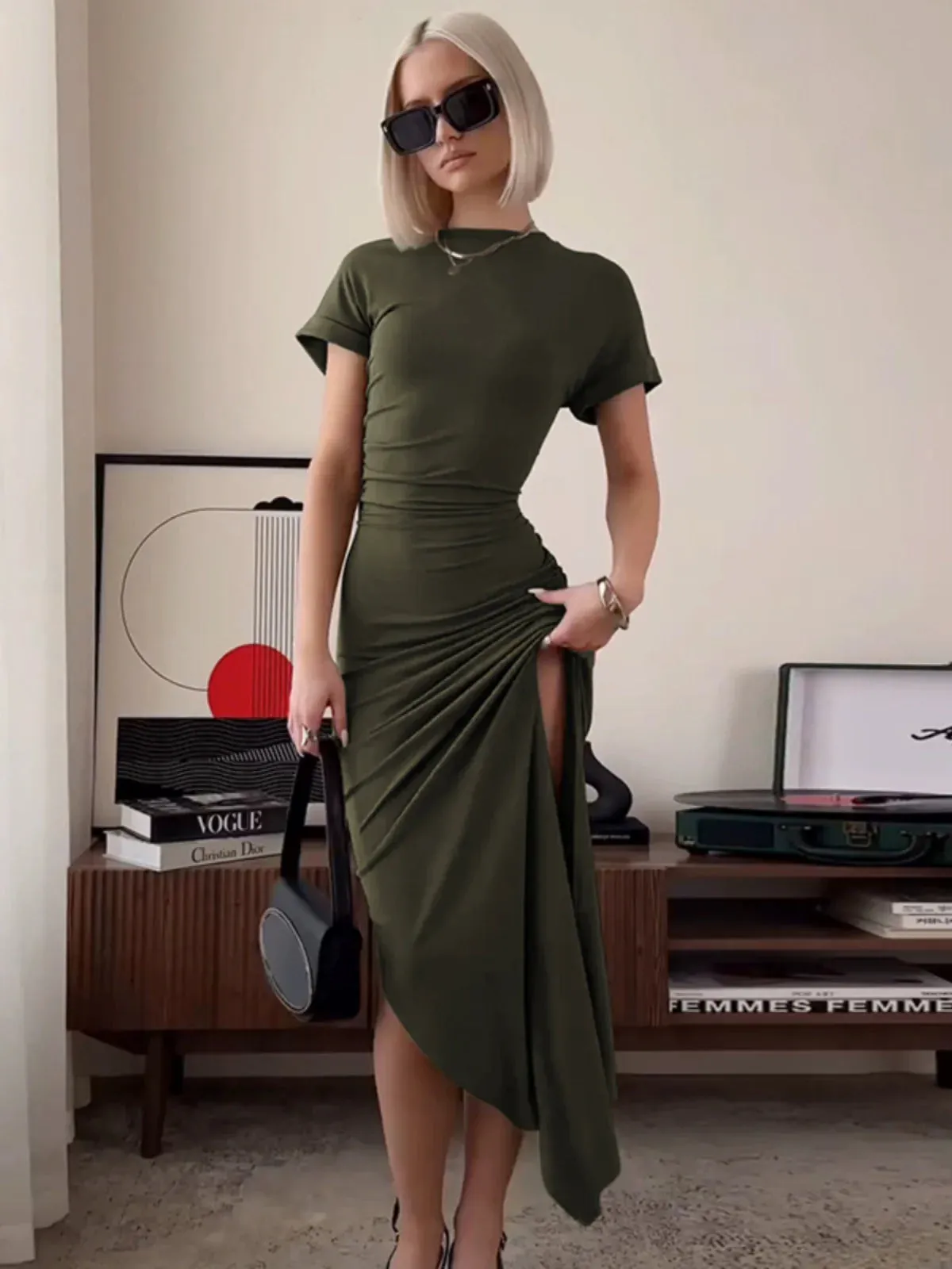 Vvsha Kynlee Pleated Slit Bodycon Dress