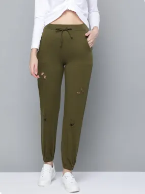 Women Olive Terry Ripped Joggers