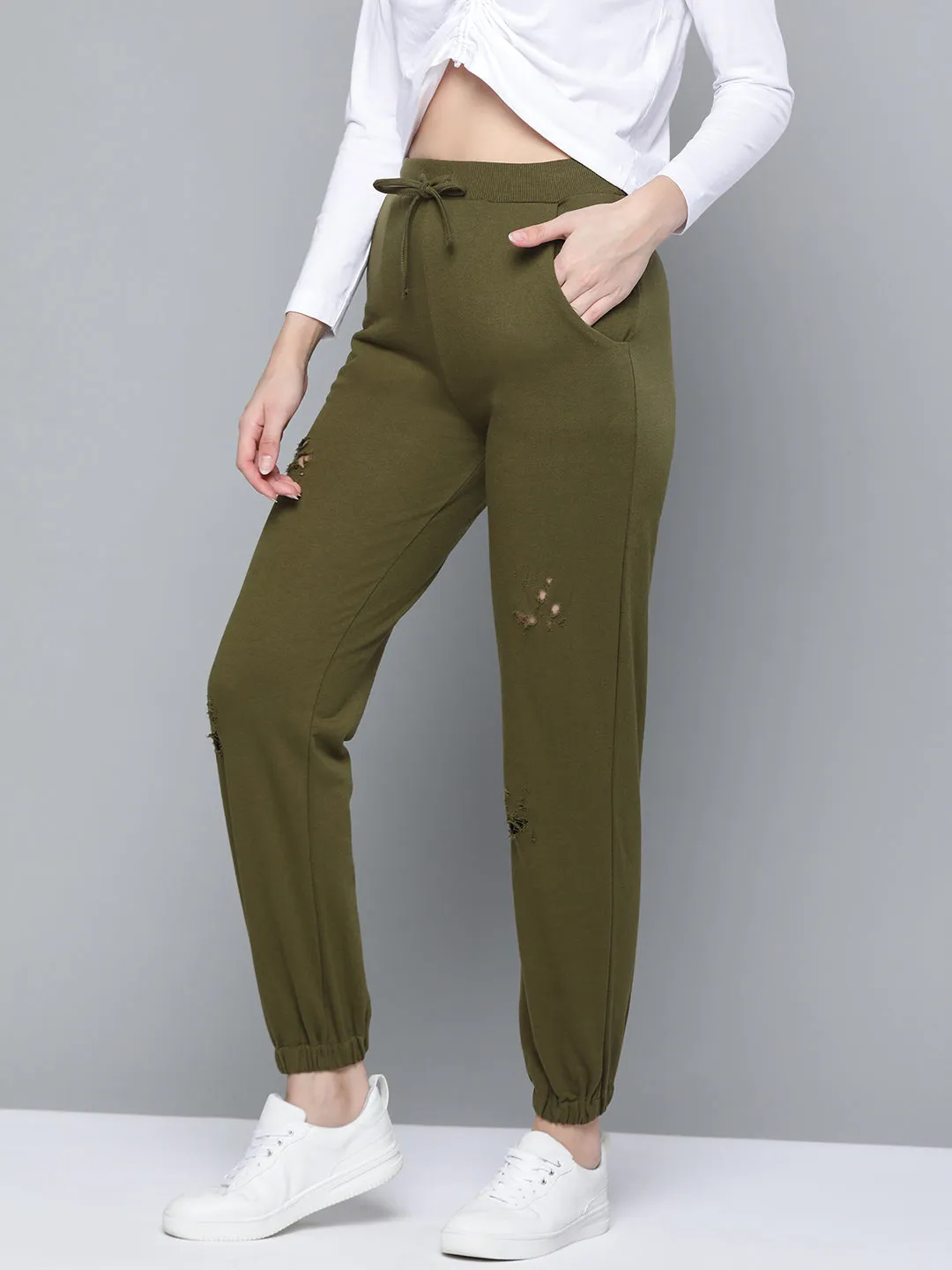 Women Olive Terry Ripped Joggers