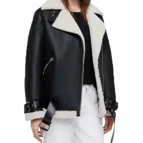 Women’s Black Shearling Biker Jacket - Stylish & Warm