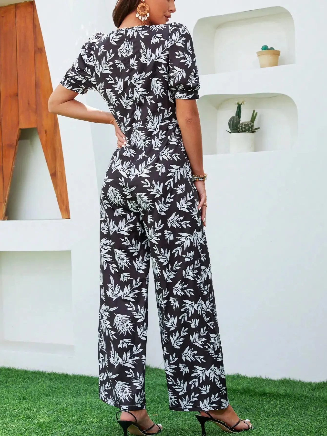 Womens Fashion Bubble Sleeves High Waist Jumpsuit Summer Casual Loose Wide Leg Pants Overalls Elegant  V-neck Print Jumpsuits