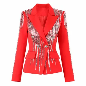 Women's Jewellry Embroidery Silver Lion Buttons Fitted Blazer Jacket Black & Red