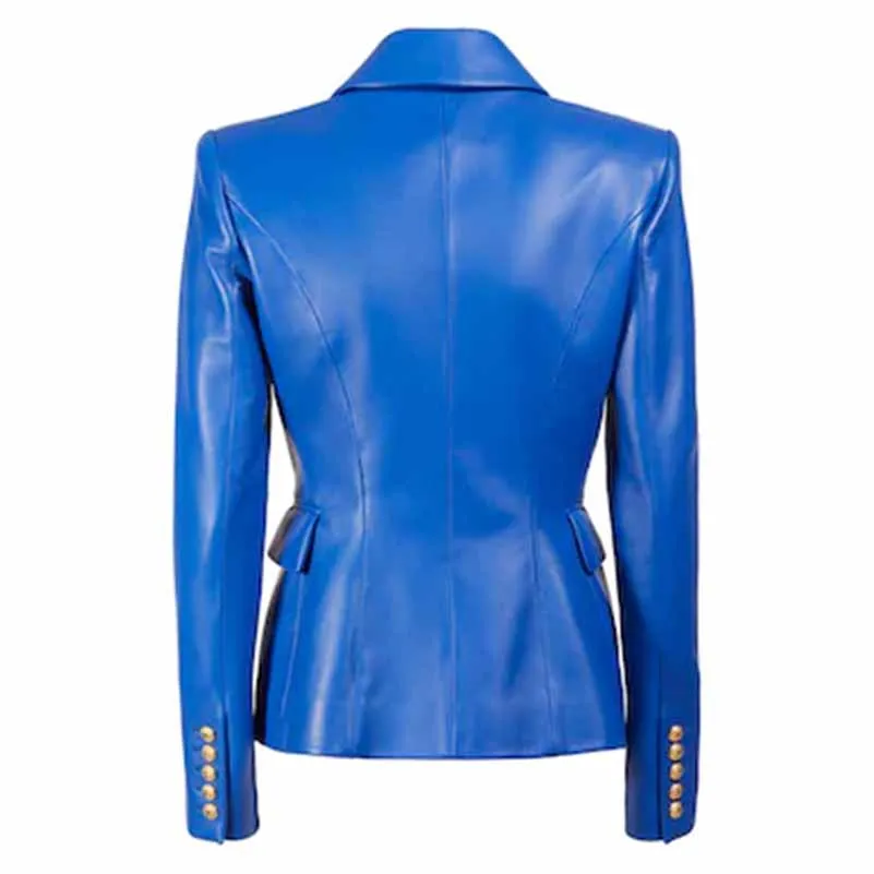 Women's Luxury Faux Leather Collar Fitted Blazer Golden Lion Buttons Royal Blue