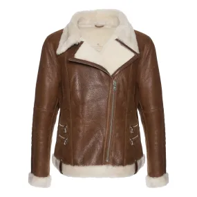 Women's White Faux Fur Merino Shearling Brown Leather Jacket
