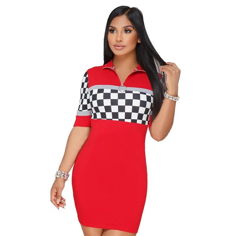 Zip Me Up Plaid Mixed Color Bodycon Dress #Short Sleeve #Zipper